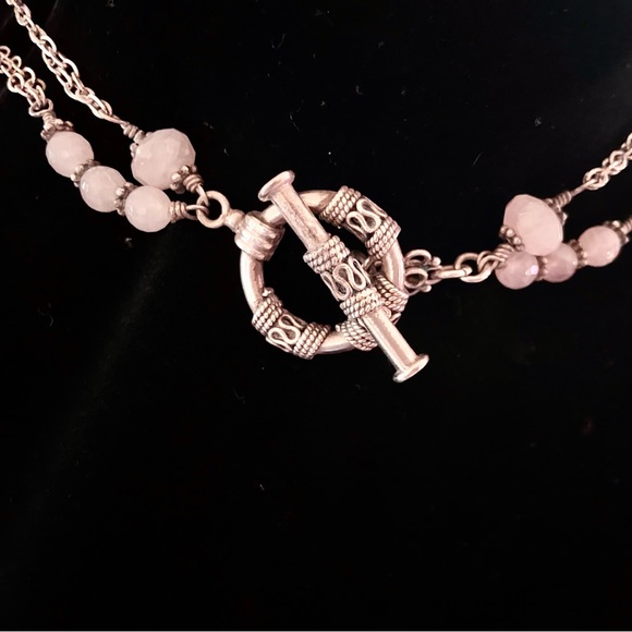 Pink Rose Quartz Necklace 2 Rows Silver Chain, Balinese Toggle Clasp 16 & 18” - Picture 5 of 6